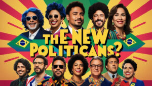 “Poster político-digital com influenciadores e artistas brasileiros como figuras centrais e a mensagem ‘Os Novos Políticos?’.