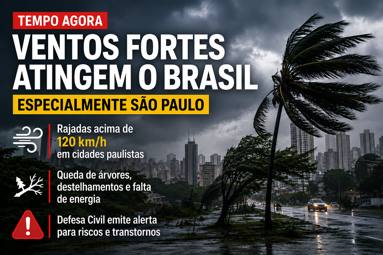 Ventos acima de 120 km/h provocam destruição e colocam São Paulo em alerta nesta quarta-feira