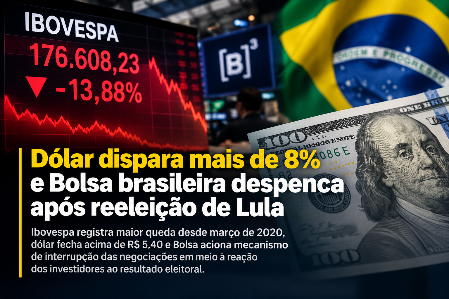 Dólar dispara mais de 8% e Bolsa brasileira despenca após reeleição de Lula